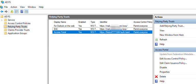 Screen shot of the Relying Party Trusts list with the new entry added